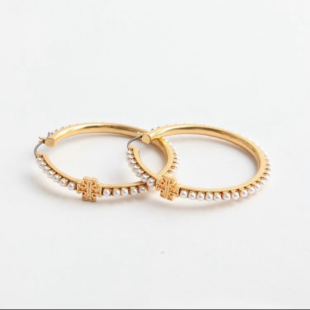 Tory Burch Gold and White Hoop Earrings